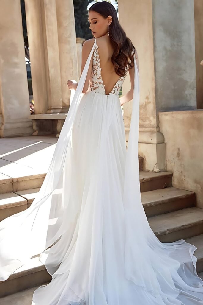 sheer embroidered bodice and chiffon skirt