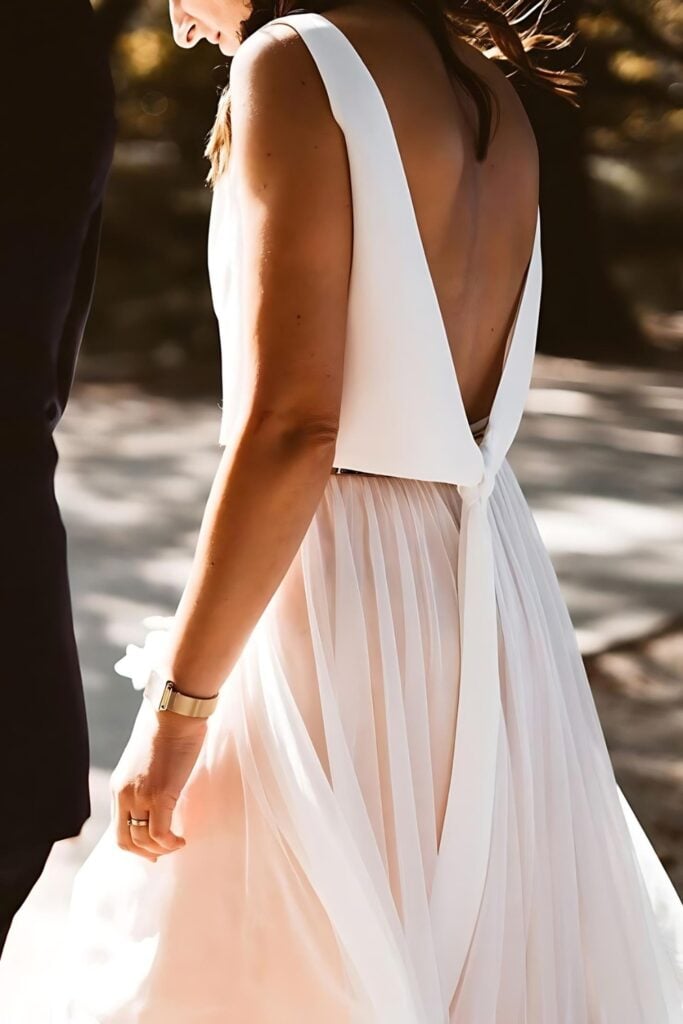 backless top and skirt wedding ensemble
