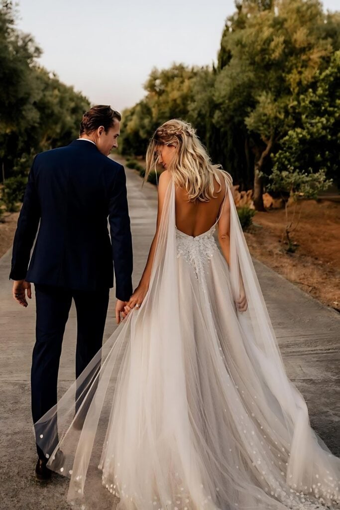 romantic A-line wedding dress, featuring an open back