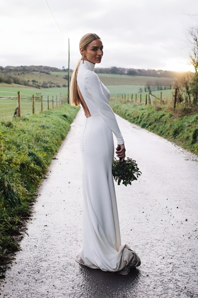 long sleeves backless wedding dress with high neckline