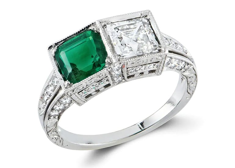 Pragnell Vintage Diamond Emerald Engagement Ring