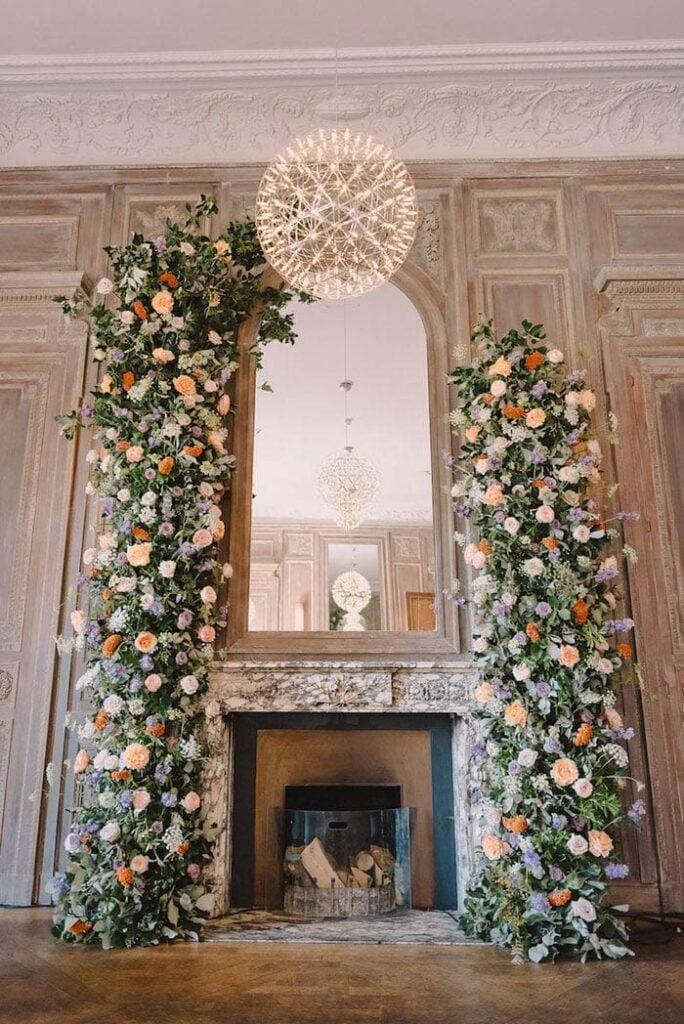 Wedding Flowers Around Fireplace