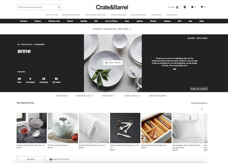 crate and barrel registry